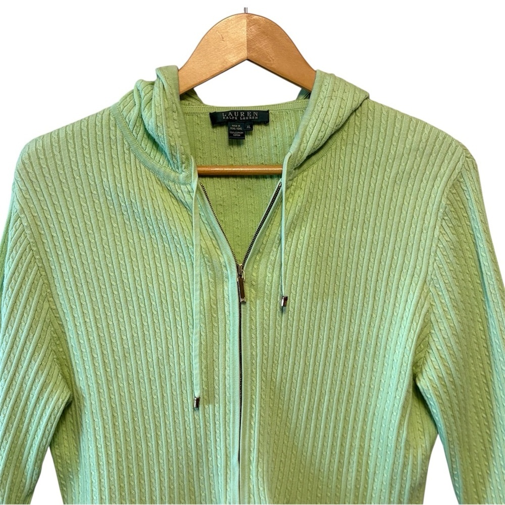 Lauren Ralph Lauren Lime Green Cable Knit Zip-Up Hooded Cardigan Sweater size XL - Picture 6 of 10